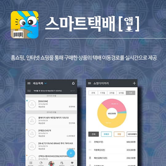 스마트택배 앱 | 홈쇼핑, 인터넷 쇼핑을 통해 구매한 상품의 택배 이동경로를 실시간으로 제공