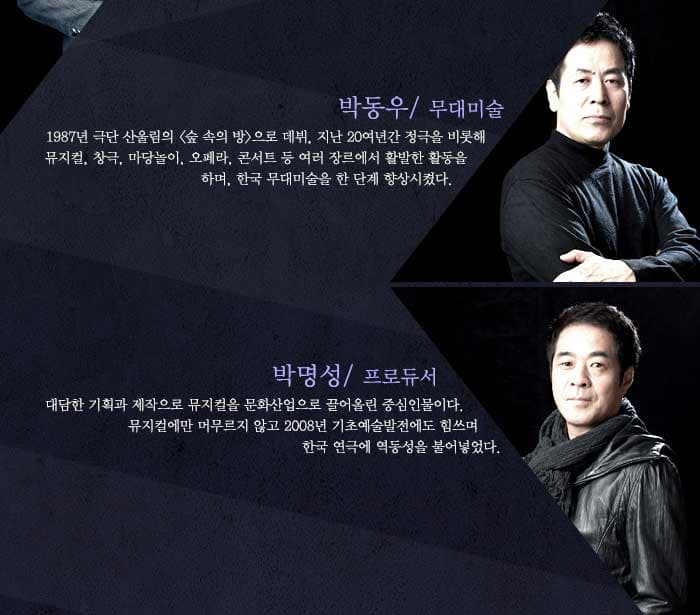무대미술 박동우1987년 극단 산울림의숲 속의 방 으로 데뷔, 지난 20여년간 정극을 비롯해 뮤지컬, 창극, 마당놀이, 오페라, 콘서트 등 여러 장르에서 활발한 활동을 하며, 한국 무대미술을 한 단계 향상시켰다. 프로듀서 박명성 대담한 기획과 제작으로 뮤지컬을 문화산업으로 끌어올린 중심인물이다. 뮤지컬에만 머무르지 않고 2008년 기초예술발전에도 힘쓰며 한국 연극에 역동성을 불어넣었다.