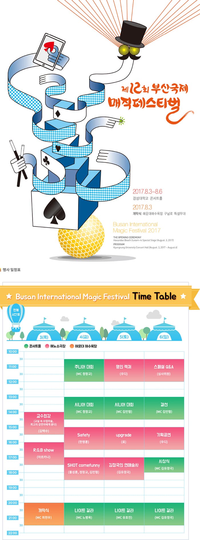 제 12회 부산국제 매직페스티벌 / 2017.8.3~8.6 /경성대학교 콘서트홀/ 2017.8.3 개막식 해운대해수욕장 구남로 특설무대/ Busan International/ Magic Festival 2017 / 행사 일정표/ Busan International Magic Festival Time Table/ 전체 시간표/ 3(목) 14시 교수최강 (교실 속 수업마술, 최고의 강연자에게 묻다) (김택수)/ 16시~ 17시30분 R.G.B show (아르카나)/ 20시~21시 30분 개막식 (MC 최현우)/ 4(금) / 10시 30분 ~ 12시 주니어 대회 (MC 전창교) / 13시 ~ 14시 30분 (MC 정창교) / 15시 ~16시 Safety (한영훈) / SHOT comefunny (홍성훈, 정창교, 김민형) / 20시~ 21시 30분 나이트 갈라 (MC 노병욱) / 5(토) 10시 30분 ~12시 명인 렉쳐 (우디) / 13시 ~ 14시 30분 시니어 대회 (MC 김민형)/ 15시 ~16시 30분 upgrade (료) /17시 ~18시 30분 김정국의 연애술사 (김유정국)/ 20시 ~ 21시 30분 나이트갈라 (MC 유호진)/ 6(일) / 10시 30분 ~12시 스페셜 Q엔A (심사위원) / 13시 ~ 14시 30분 결선 (MC 김민형)/ 15시 ~16시 30분 기획공연(우디) / 17시 ~18시 시상식 (MC 김유정국)/ 20시 ~21시 30분 나이트 가라 (MC 김유정국)