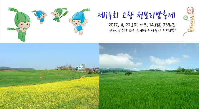 제 14회 고창 청보리 밭축제, 2017년 4월 22일 (토) ~ 5월 14일(일) 23일간, 한국인의 본향 고창, 도깨비가 사랑한 청보리밭! 