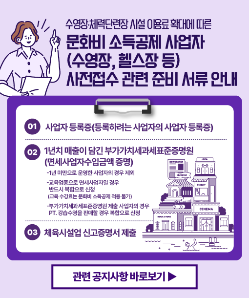 
수영장 체력단련장 시설 이용료 확대에 따른 문화비 소득공제 사업자(수영장, 헬스장 등) 사전접수 관련 준비 서류 안내
1.사업자 등록증(등록하려는 사업자의 사업자 등록증)
2. 1년치 매출이 담긴 부가가치세과세표준증명원(면세사업자수입금액 증명)
*1년 미만으로 운영한 사업자의 경우 제외
*교육업종으로 면세사업자일 경우 반드시 복합으로 신청(교육 수강료는 문화비 소득공제 적용 불가)
*부가가치세과세표준증명원 제출 사업자의 경우 PT, 강습수영을 판매할 경우 복합으로 신청
3. 체육시설업 신고증명서 제출
관련 공지사항 바로비기