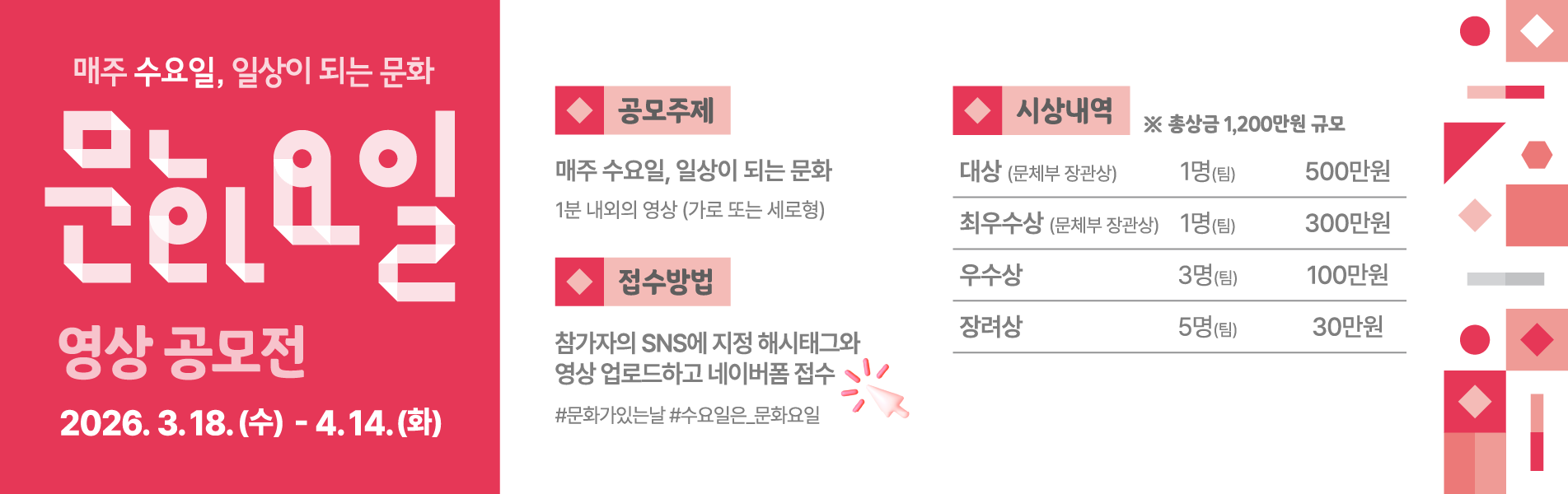 매주 수요일, 일상이 되는 문화 문화요일 영상 공모전 2026.3.18(수)~4.14(화)/공모주제 : 매주 수요일, 일상이 되는 문화 1분 내외의 영상(가로 또는 세로형)/접수방법 : 참가자의 SNS에 지정 해시태그와 영상 업로드하고 네이버폼 접수 #문화가있는날 #수요일은_문화요일/시상내역 : 총상금 1,200만원 규모 대상(문체부 장관상) 1명(팀) 500만원, 최우수상(문체부 장관상) 1명(팀) 300만원, 우수상 3명(팀) 100만원, 장려상 5명(팀) 30만원 