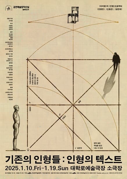 조음기관 ＜기존의 인형들：인형의 텍스트＞ - 2024 창작산실 올해의신작 연극 | 2025년 1월 10일(금)~1월 19일(일) 화, 목, 금요일 19:30 / 수, 토요일 15:00, 19:30 / 일요일 15:00 | 대학로예술극장 소극장 | 공연예술창작산실 올해의 신작  베이지색 도면 위에 연필로 그린듯 한 스타일의 포스터.  이지형의 인형으로부터 안정민, 신효진, 김연재. 포스터의 12시방향 의자가 있습니다. 포스터의 3시 방향에는 사람이 서있고 일곱시 방향에는 사람 사이즈의 목각 인형이 서있습니다.  사람과 인형 사이를 잇는 직선과 점선들, 그래프. 사람과 인형 사이의 여러 경로가 생겨나고 점선과 선이 만나는 자리에 작가의 이름과 제목이 생겨납니다. 안정민 한 명 또는 두 명의 인간은 바늘구멍 속에서 바늘을 이야기한다. 신효진 범람 김연재 한 쪽 발은 무덤을 딛고 나는 서있네 그래프 위로 다시 의자 하나. 여러 점선들이 의자를 교차합니다.   창작진소개 연출 / 구성 이지형 작가 안정민 신효진 김연재 배우 박서현 정윤진 김별 베선희 크리에이티브 프로듀서 문수빈 드라마투르그 김지혜 접근성 기획 성다인 액팅코치 황혜란 조연출 김조이혜수 정나금 무대감독 김동영 무대디자인 신승렬 조명디자인 김효민 음향 지미세르 그래픽디자인 정김소리 기록영상 최강희
