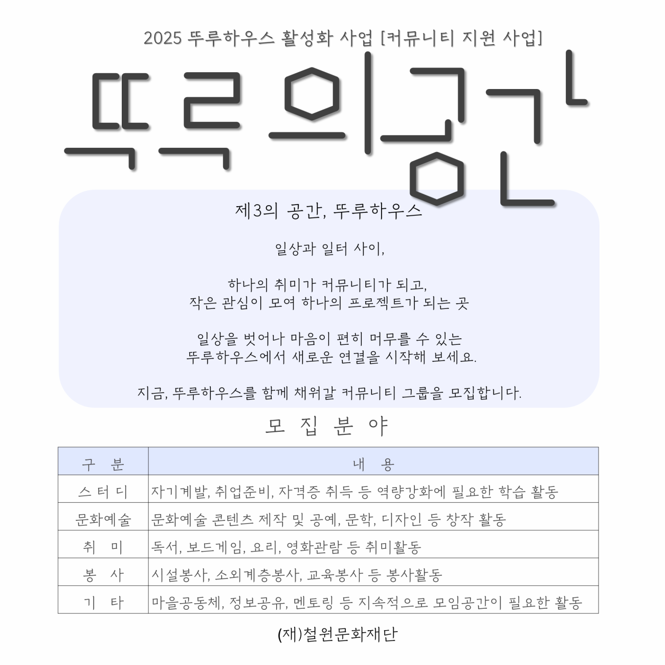 2025 뚜루하우스 활성화 사업 [커뮤니티 지원 사업] - 뚜루의 공간 | 뚜루하우스 | 2025-07-18 ~ 2025-07-25